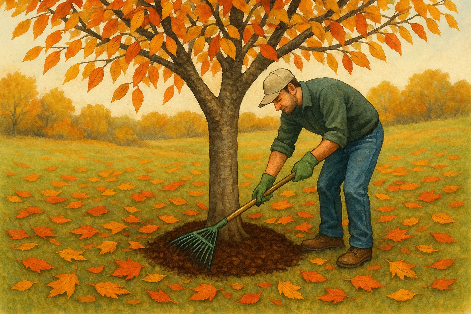 A man using a rake to dig a hole in the ground, surrounded by grass and trees in an outdoor setting during autumn. He is wearing clothing suitable for farm work.
