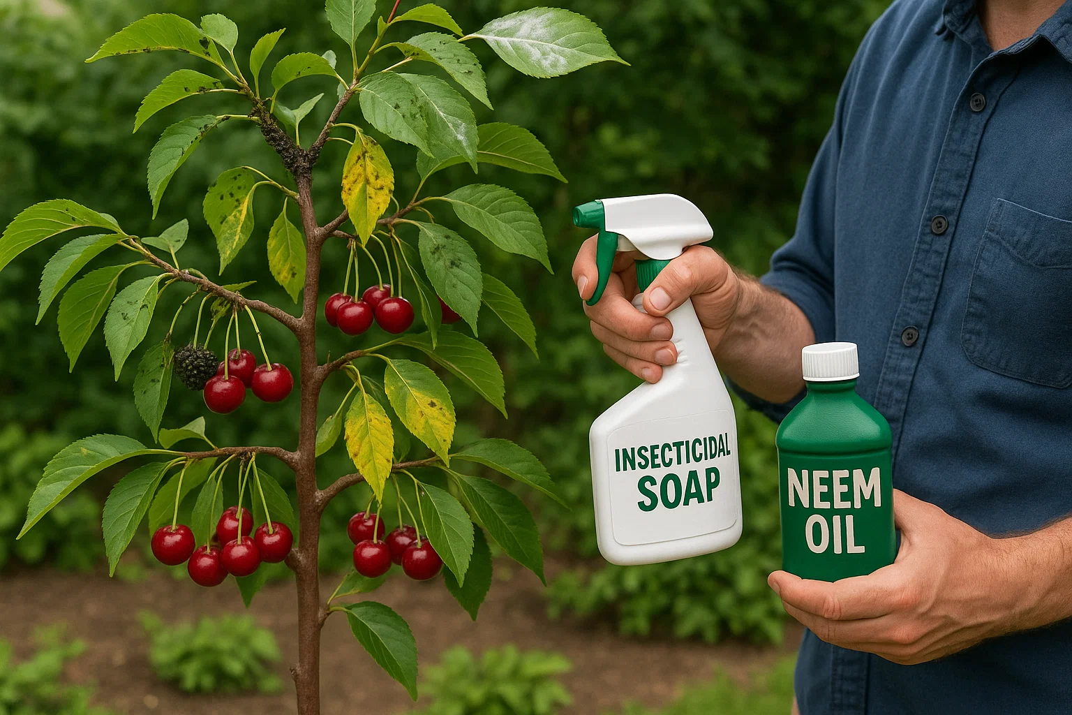 A person standing outdoors on grass, holding a spray bottle labeled "INSECTICIDAL SOAP" and a bottle of neem oil, near a tree with cherry fruit.