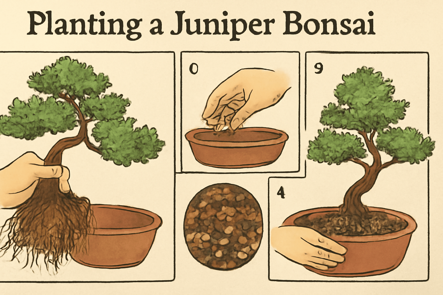 Step-by-step guide on planting a juniper bonsai, showcasing tools and techniques for successful cultivation.