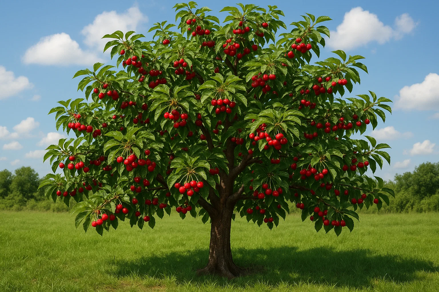 A tree with vibrant red fruits, standing against a backdrop of a clear blue sky, surrounded by green grass and fluffy white clouds. The scene captures the beauty of nature in an outdoor landscape.