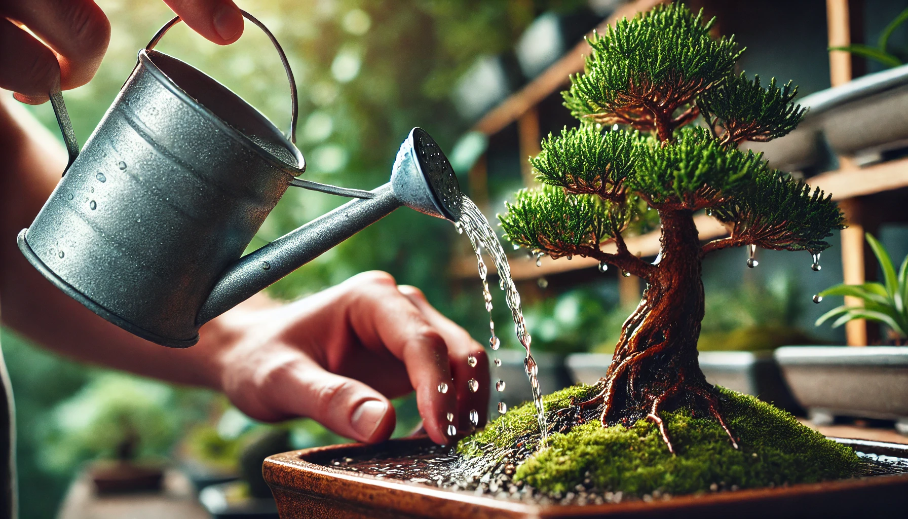 A person watering a bonsai tree in a flowerpot outdoors.