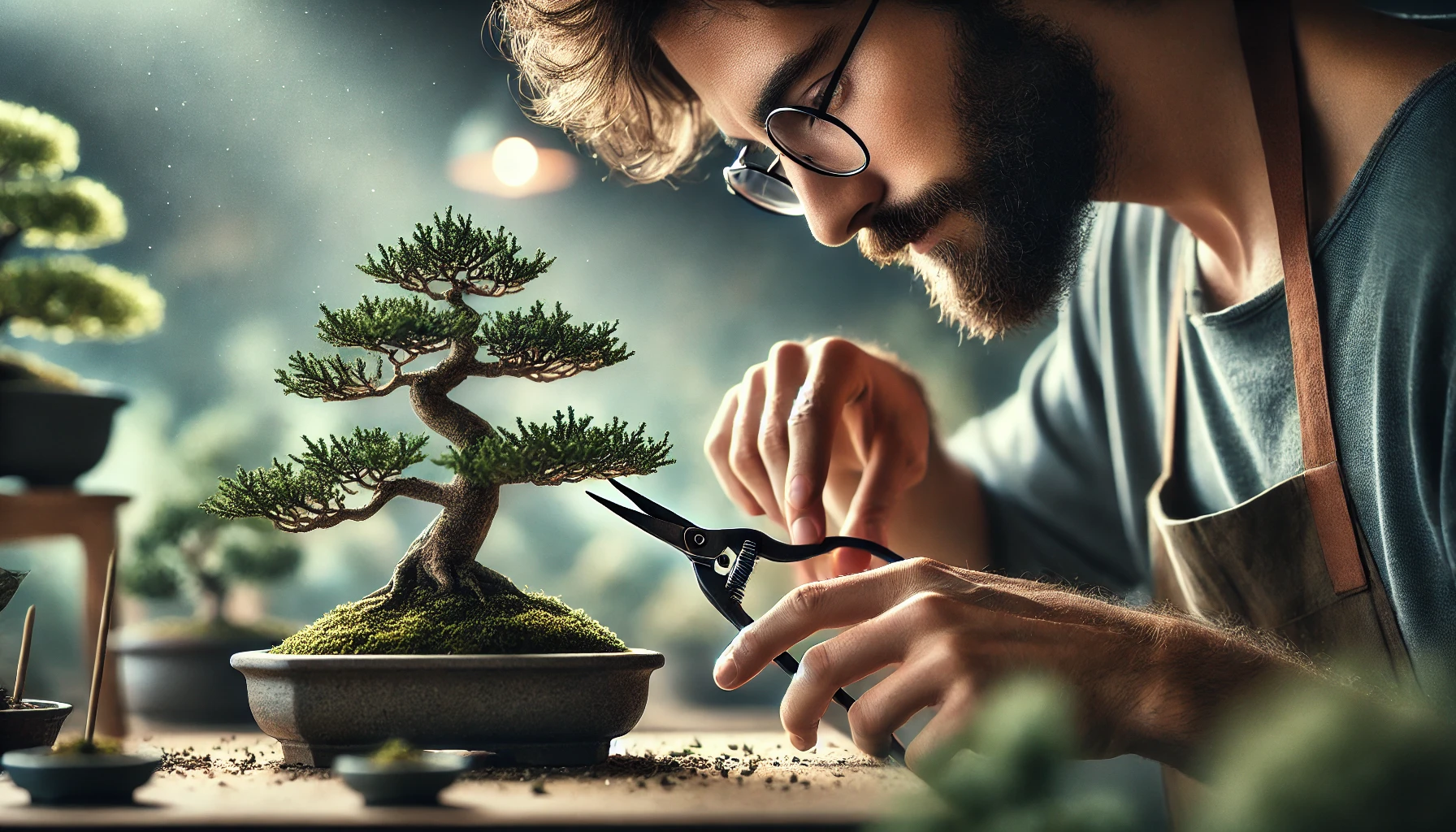 A man carefully trimming a bonsai tree with scissors, focused on shaping the branches and foliage.