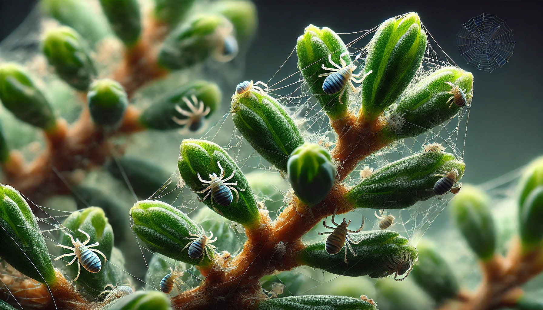 A group of bugs on a green cactus plant with flowers and prickles in an outdoor setting.