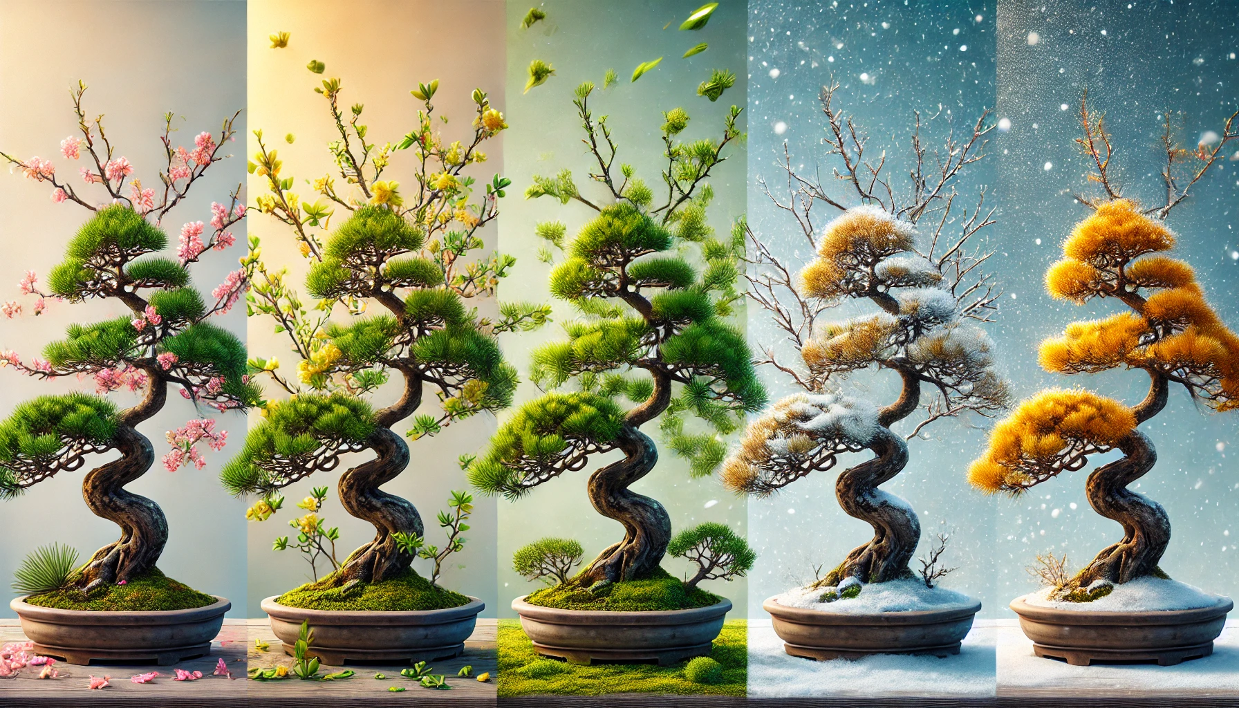 A collection of bonsai trees in decorative flowerpots, showcasing various shapes and sizes, set against a simple background.