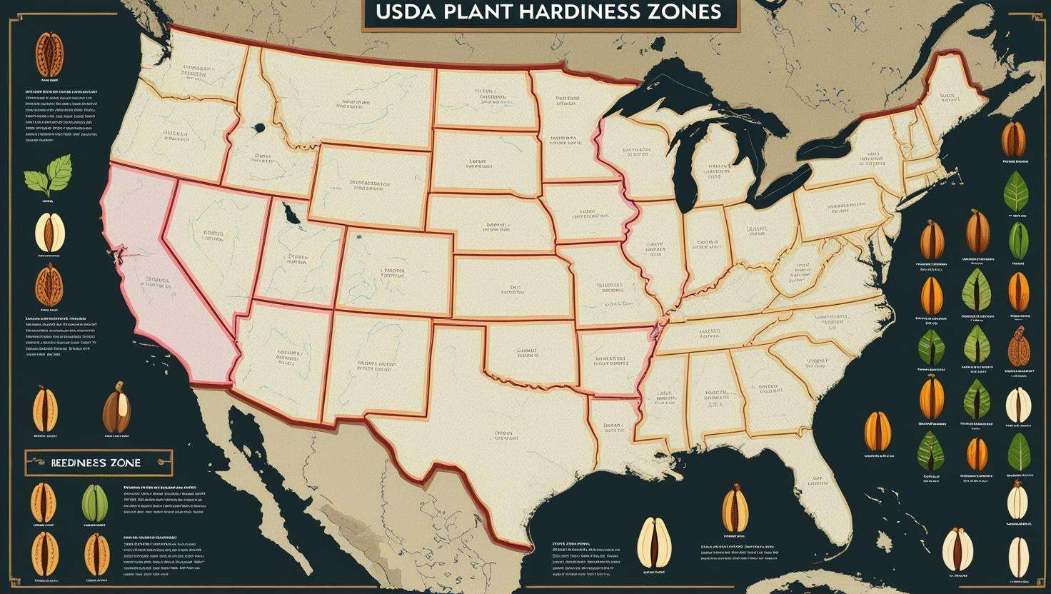 "USDA hardiness zone map showing suitable pecan tree varieties for different regions."