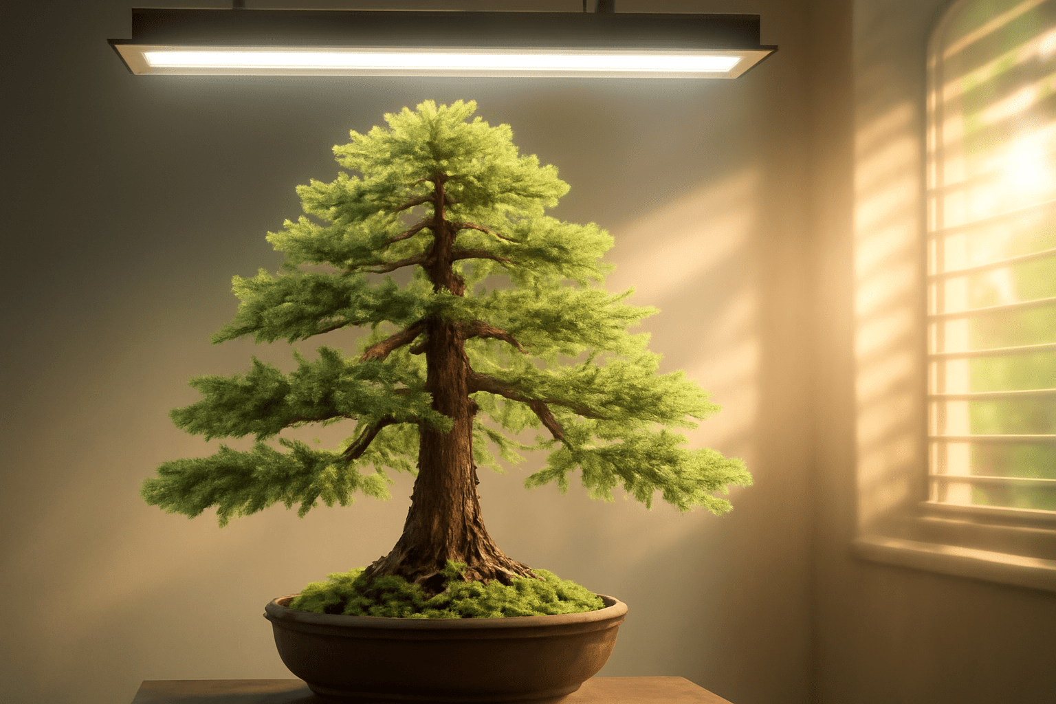 A bonsai tree in a pot sits on a table under soft lighting. Sunlight filters through blinds, casting gentle shadows, creating a serene atmosphere.