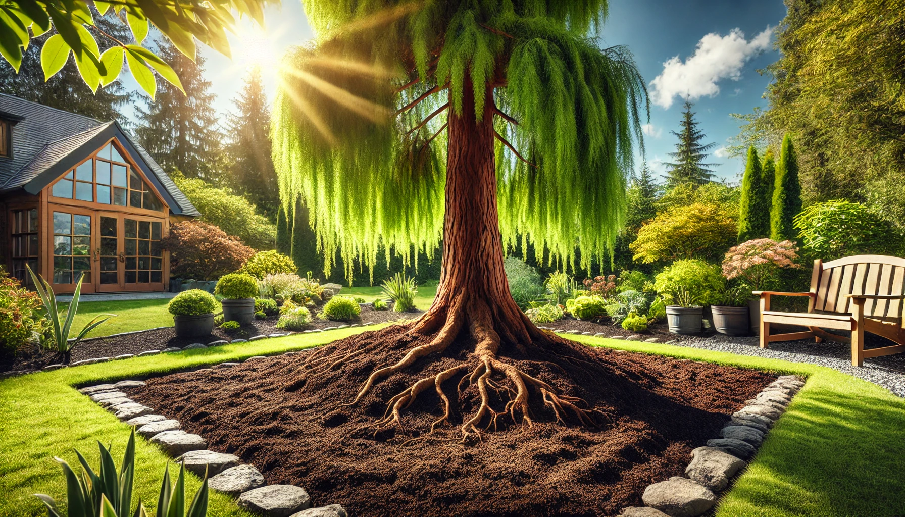 A lush garden featuring a large, weeping tree with sunlight streaming through branches, surrounded by vibrant plants and a cozy wooden bench.