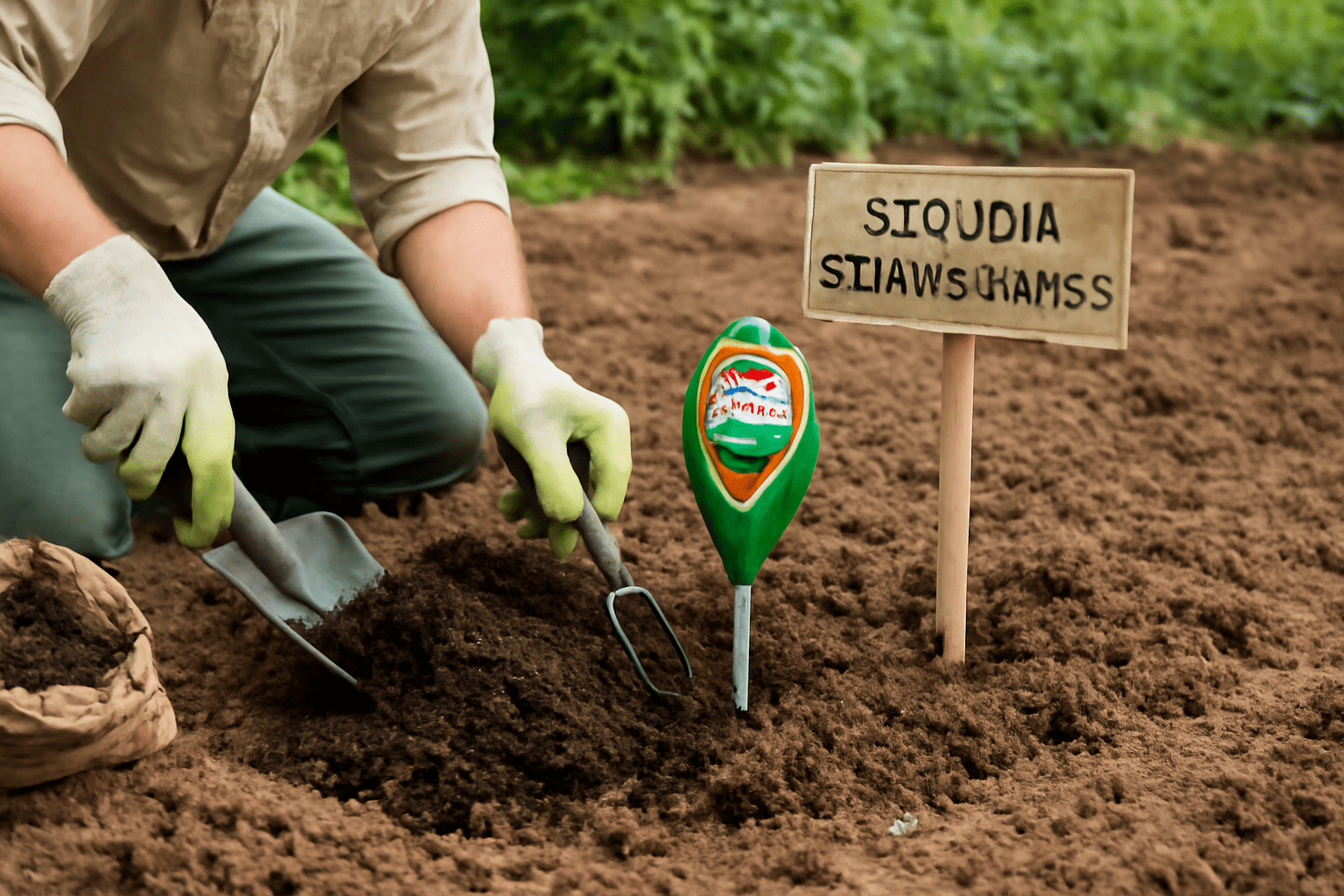 A person in gloves is using a trowel to plant seeds in a garden. A sign reads "SIQUIDIA STIAWSCHAMSS". The mood is calm and focused.