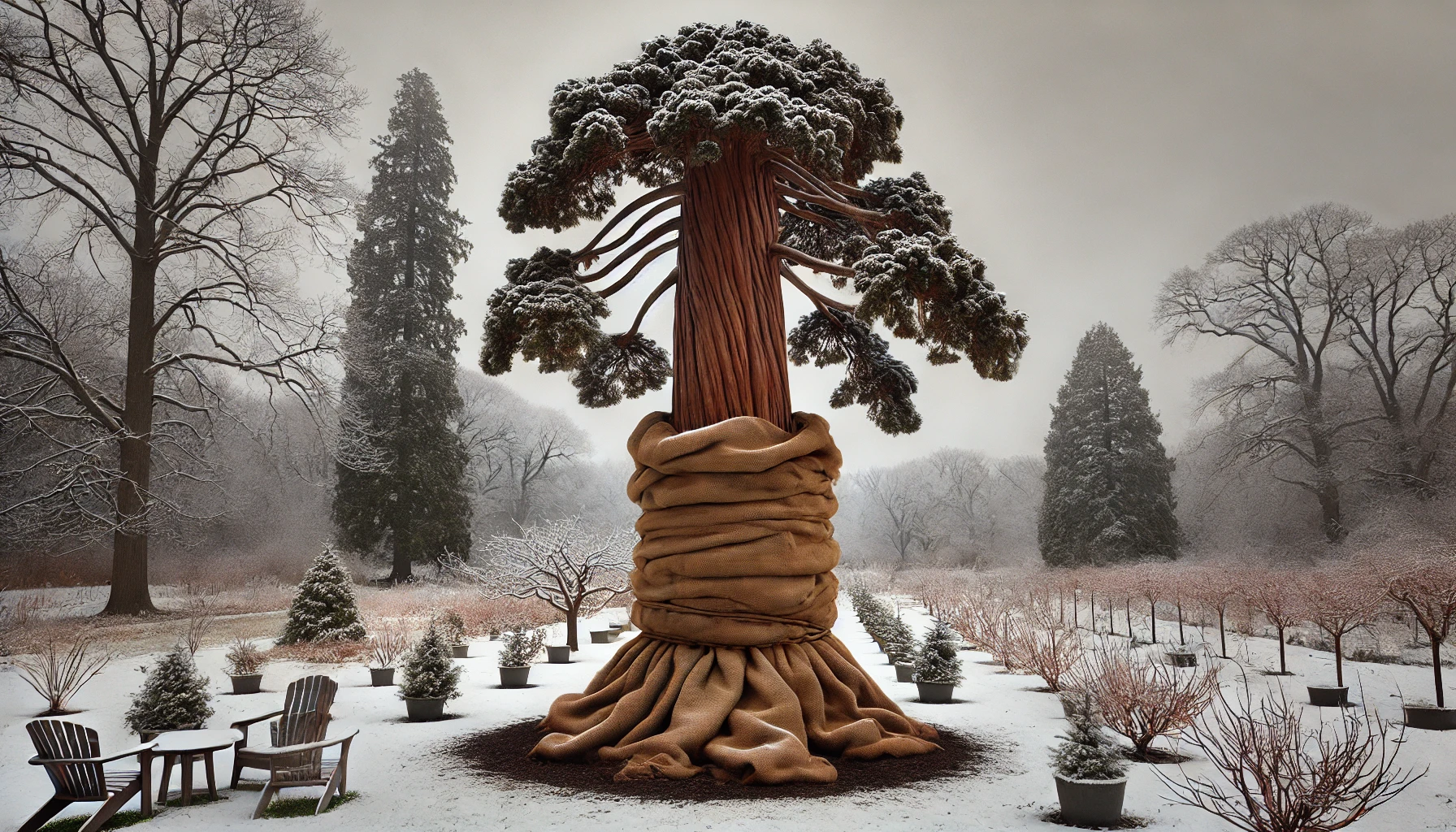 A large, lush tree wrapped in burlap stands in a snowy garden, surrounded by smaller plants and bare trees under a gray sky.