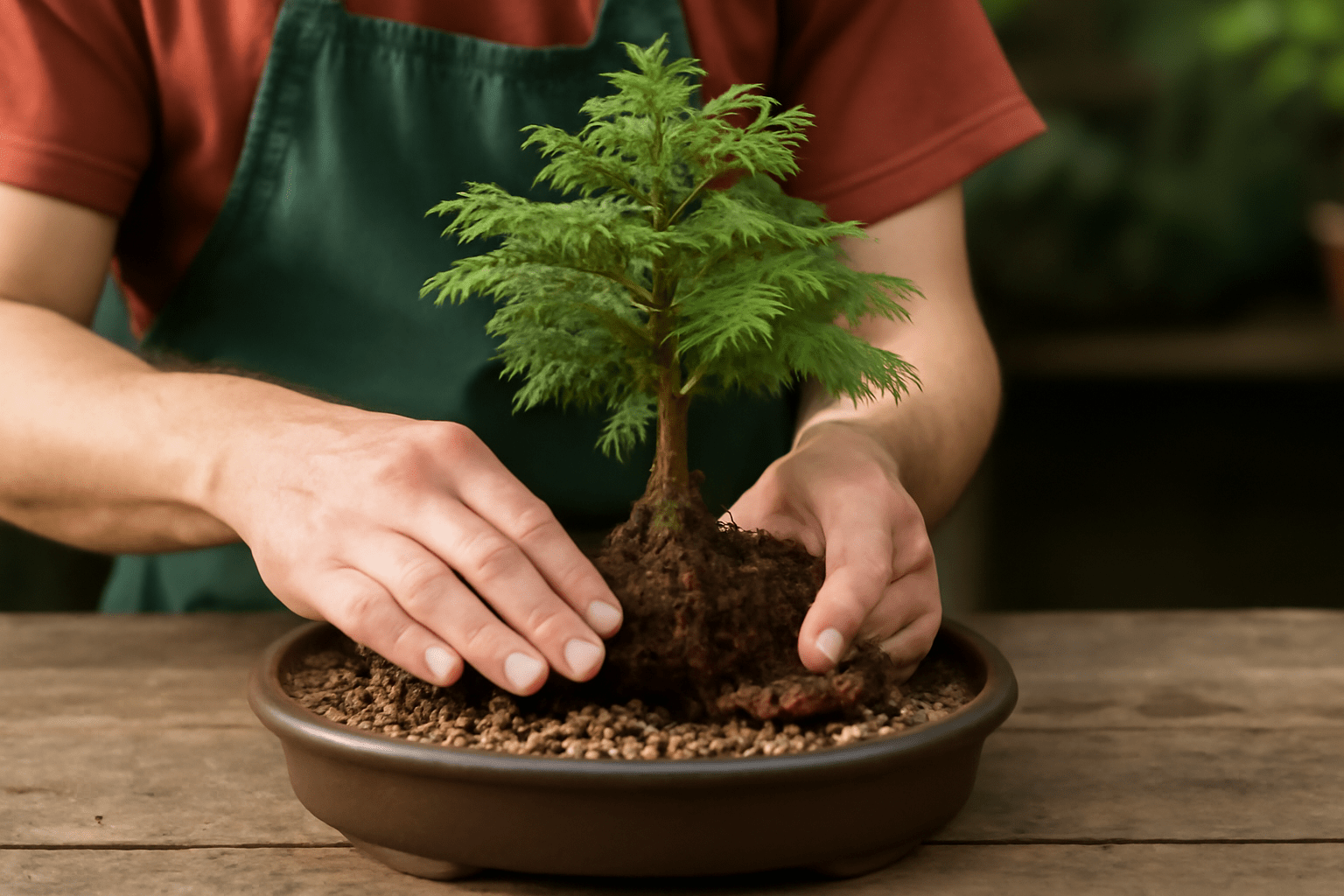 Hands gently shaping soil around a small bonsai tree in a shallow pot, wearing a green apron. The scene is calm and focused on gardening.