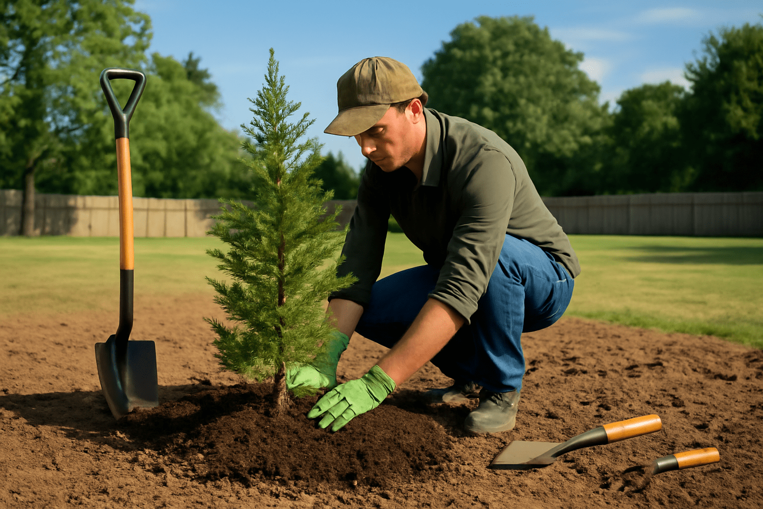 A man in a cap and gloves plants a small evergreen tree in a sunny garden. Tools lie nearby on the soil, conveying a sense of calm and purpose.