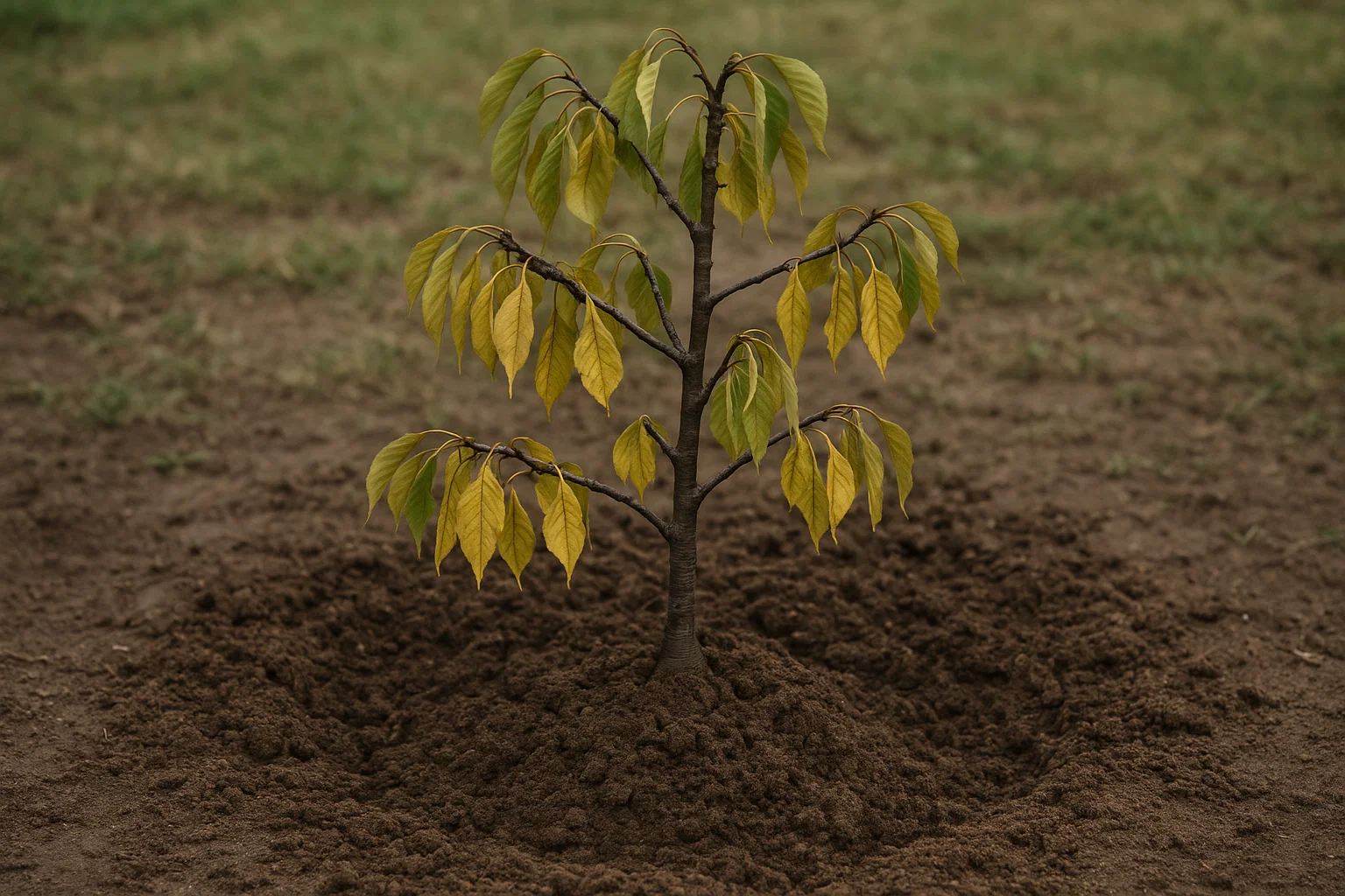 A young tree with yellow-green leaves stands in freshly turned soil, symbolizing new growth in a natural setting.
