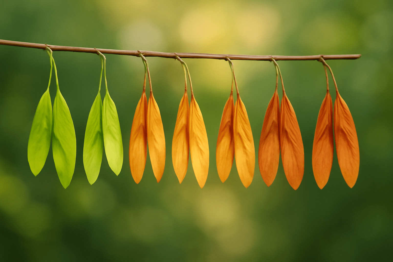 Ash tree seeds changing color from green to golden-brown, signaling the right time for collection