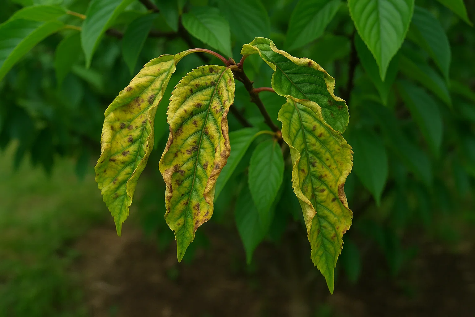 Close-up of yellowing cherry tree leaves with brown spots and dry edges, set against a blurred background of green foliage.