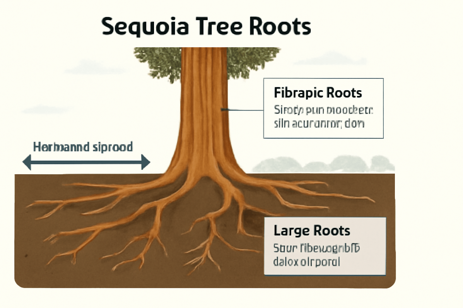 Diagram of Sequoia tree roots shows fibrous and large roots. A horizontal arrow indicates root spread. The background depicts soil and foliage.