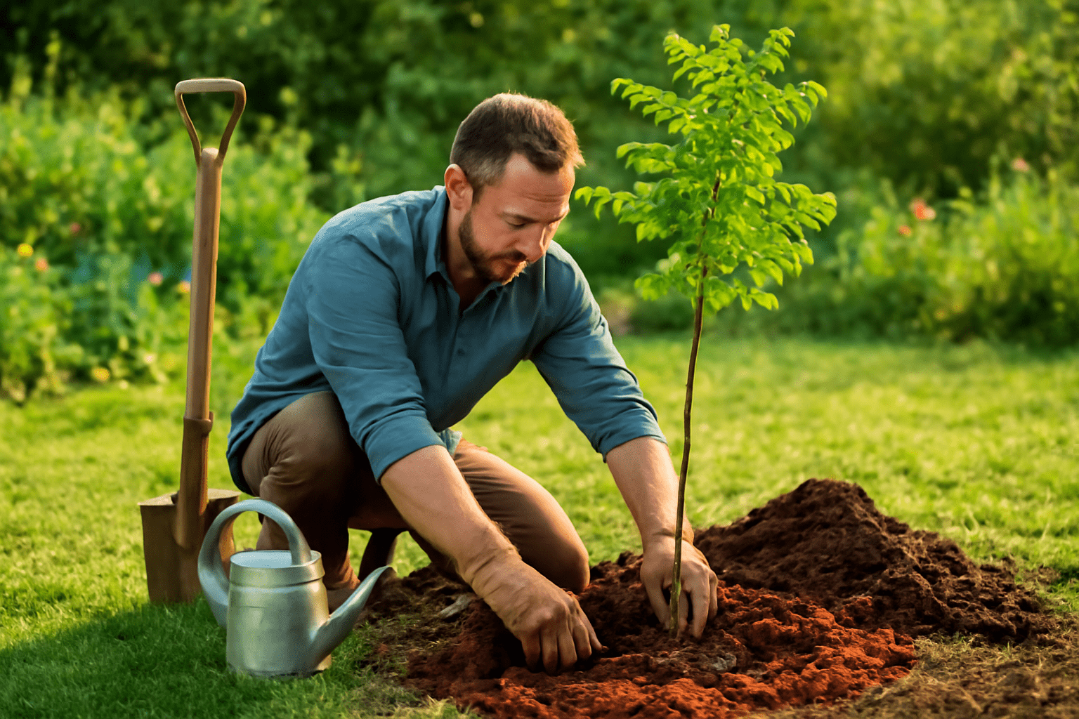 Step-by-step process of planting a Bonita Ash tree in a sunny garden with gardening tools like a shovel and watering can.