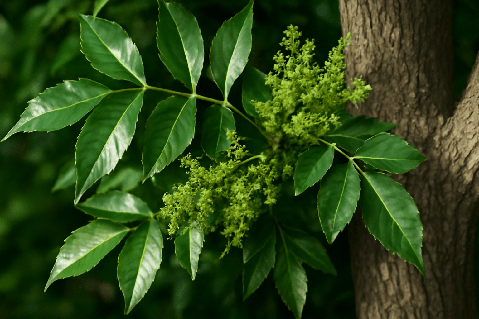 Close-up of the distinctive Fan Tex Ash Tree’s dark green leaves, small spring flowers, and textured bark.