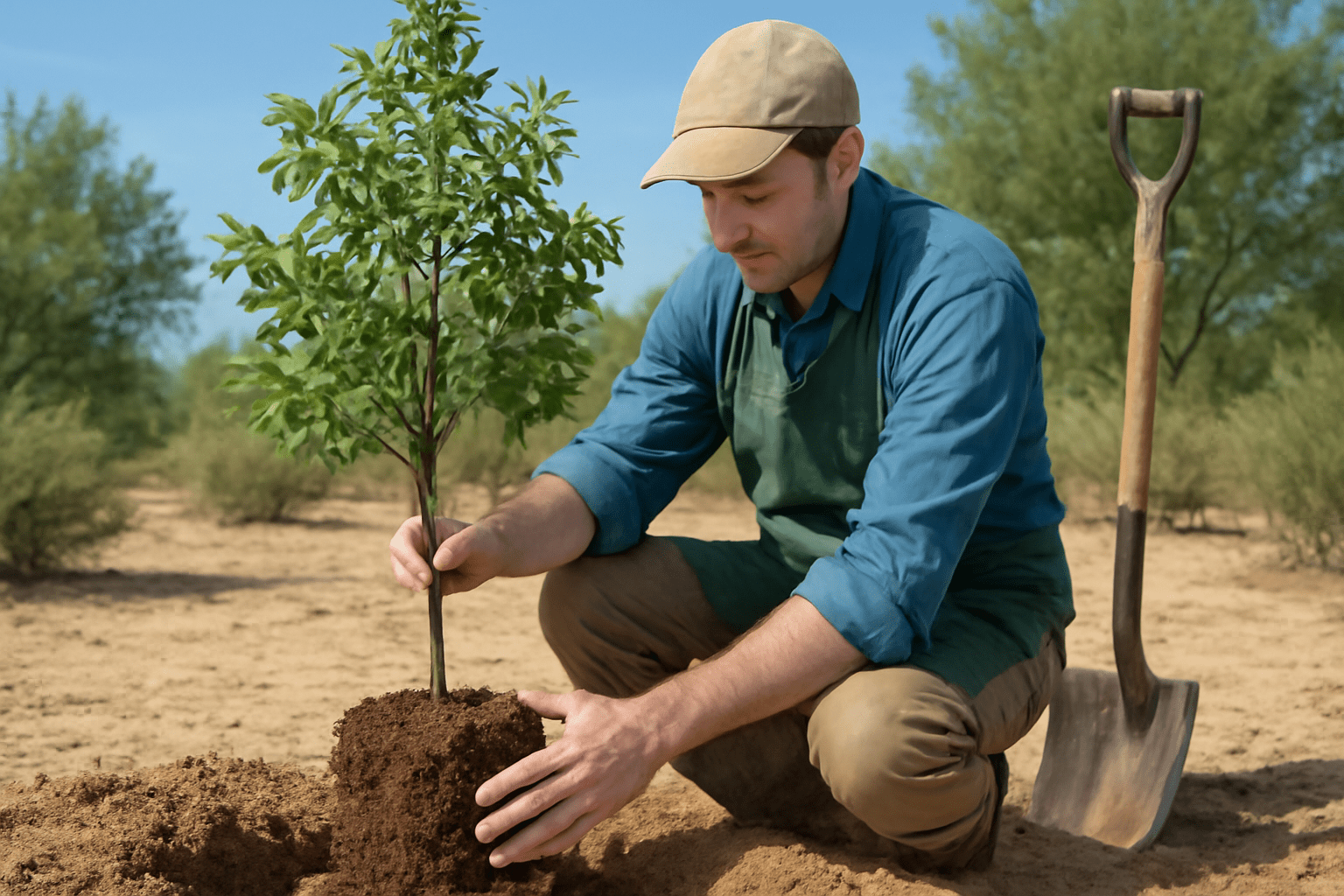 "Gardener planting Ash Arizona tree with a spade and soil around the base."