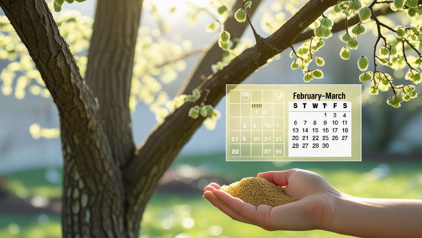 "Pecan tree in spring with a calendar showing fertilization times, guiding how to fertilize pecan trees in February and July."