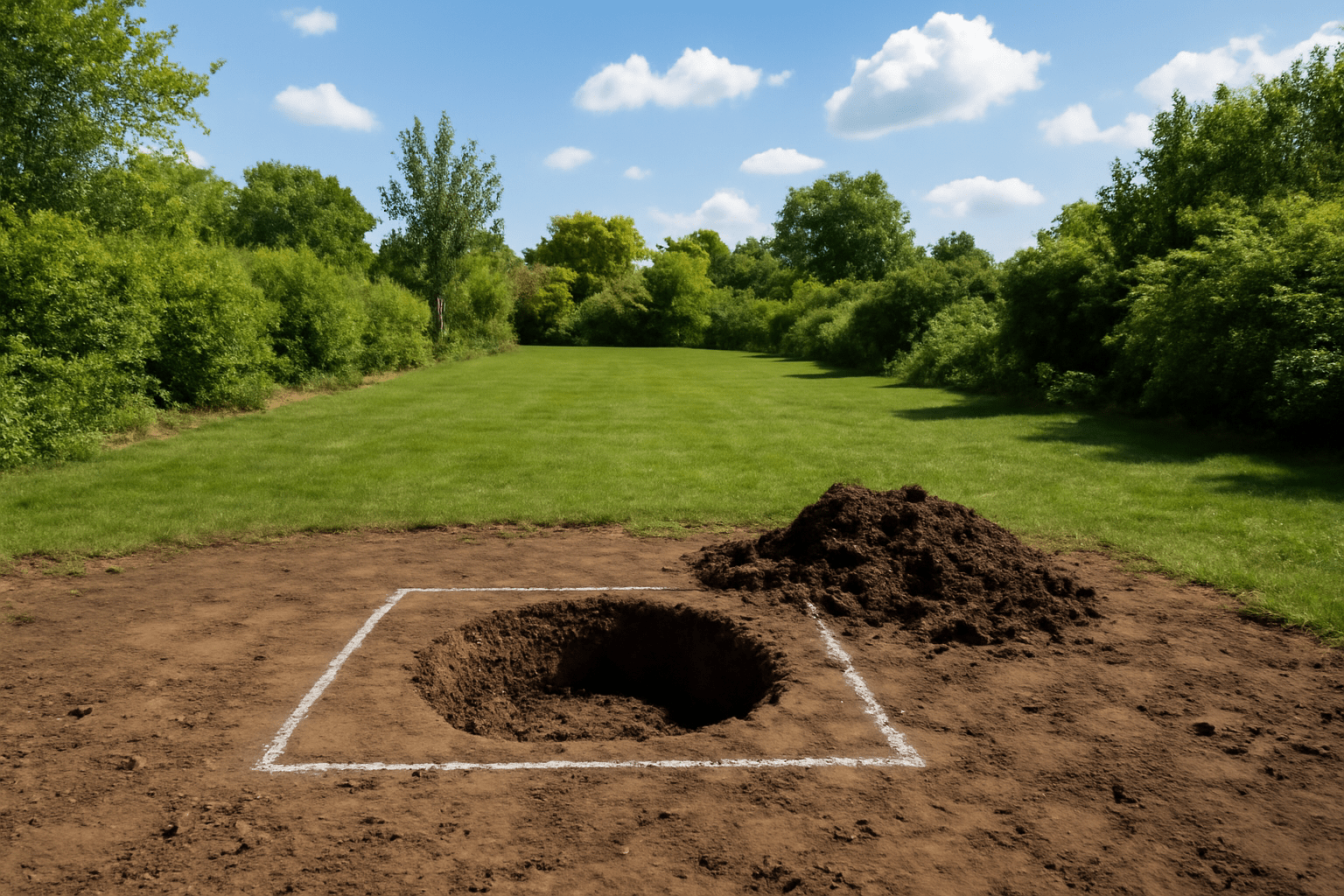 A dugout located in a vast field, with green grass stretching out around it under a clear blue sky.