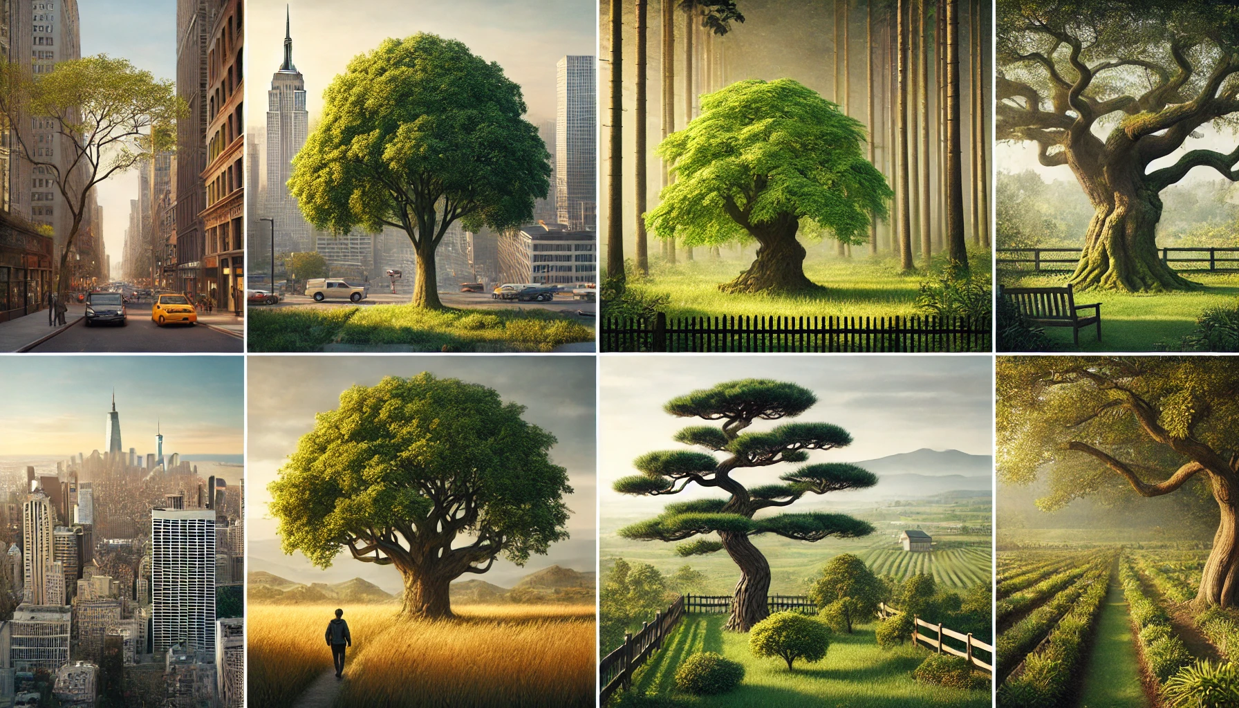 A collage of idyllic tree scenes, blending urban landscapes with serene nature, showcasing diverse trees in various settings.