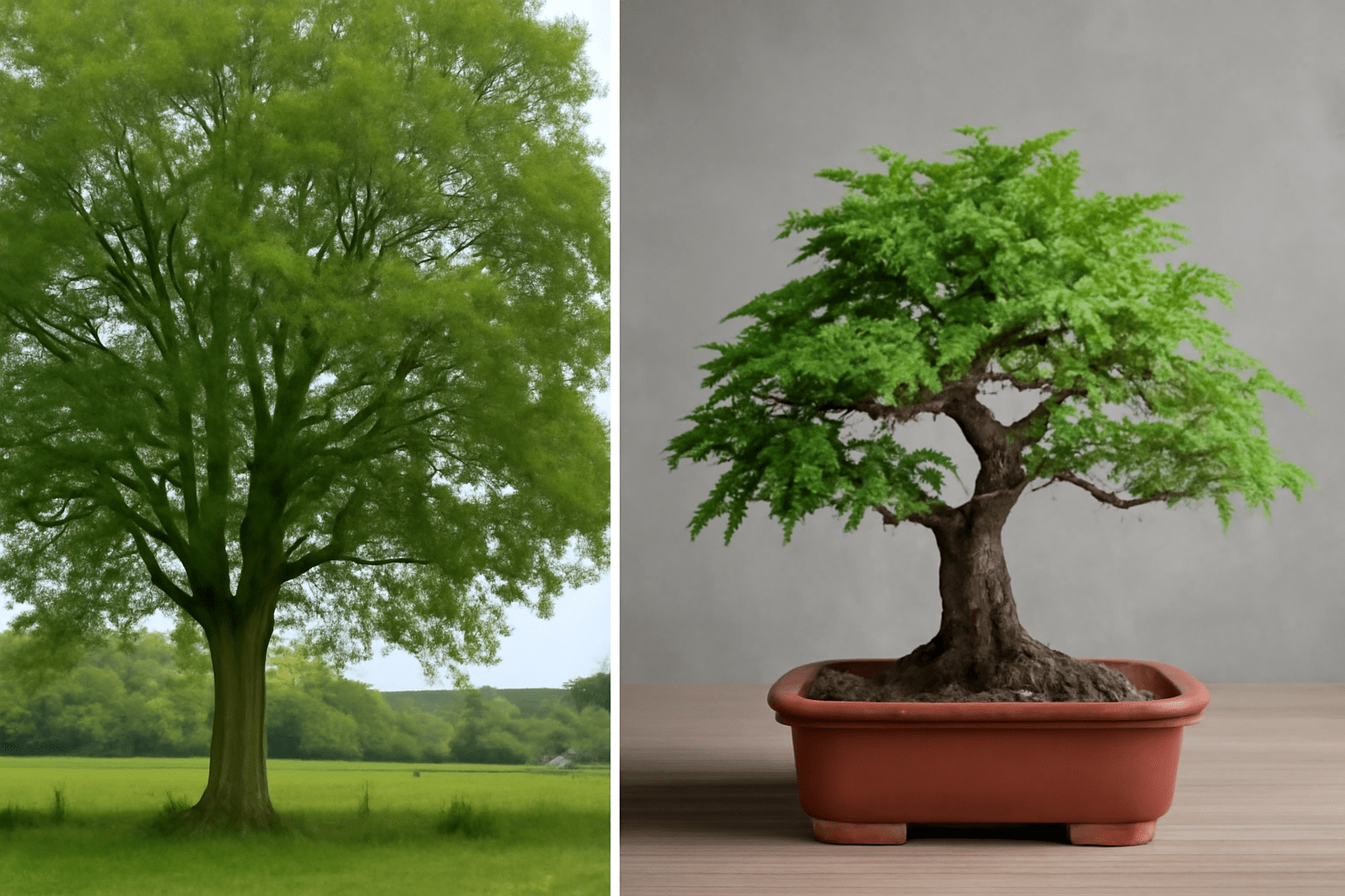 "Comparison of full-sized ash tree and miniature ash bonsai tree in a pot."