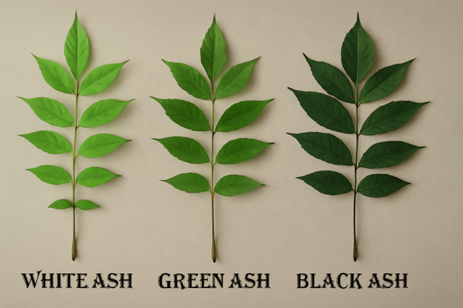 "Comparison of White Ash, Green Ash, and Black Ash tree saplings with distinct leaf shapes and characteristics."