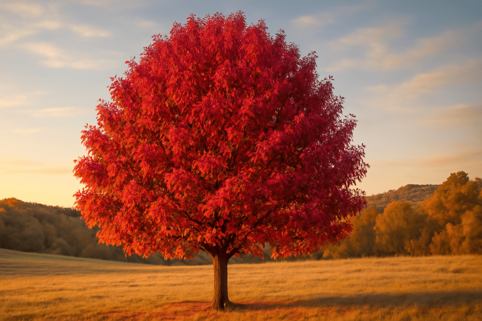 Raywood Ash tree in autumn with vibrant fall colors and wide landscape view