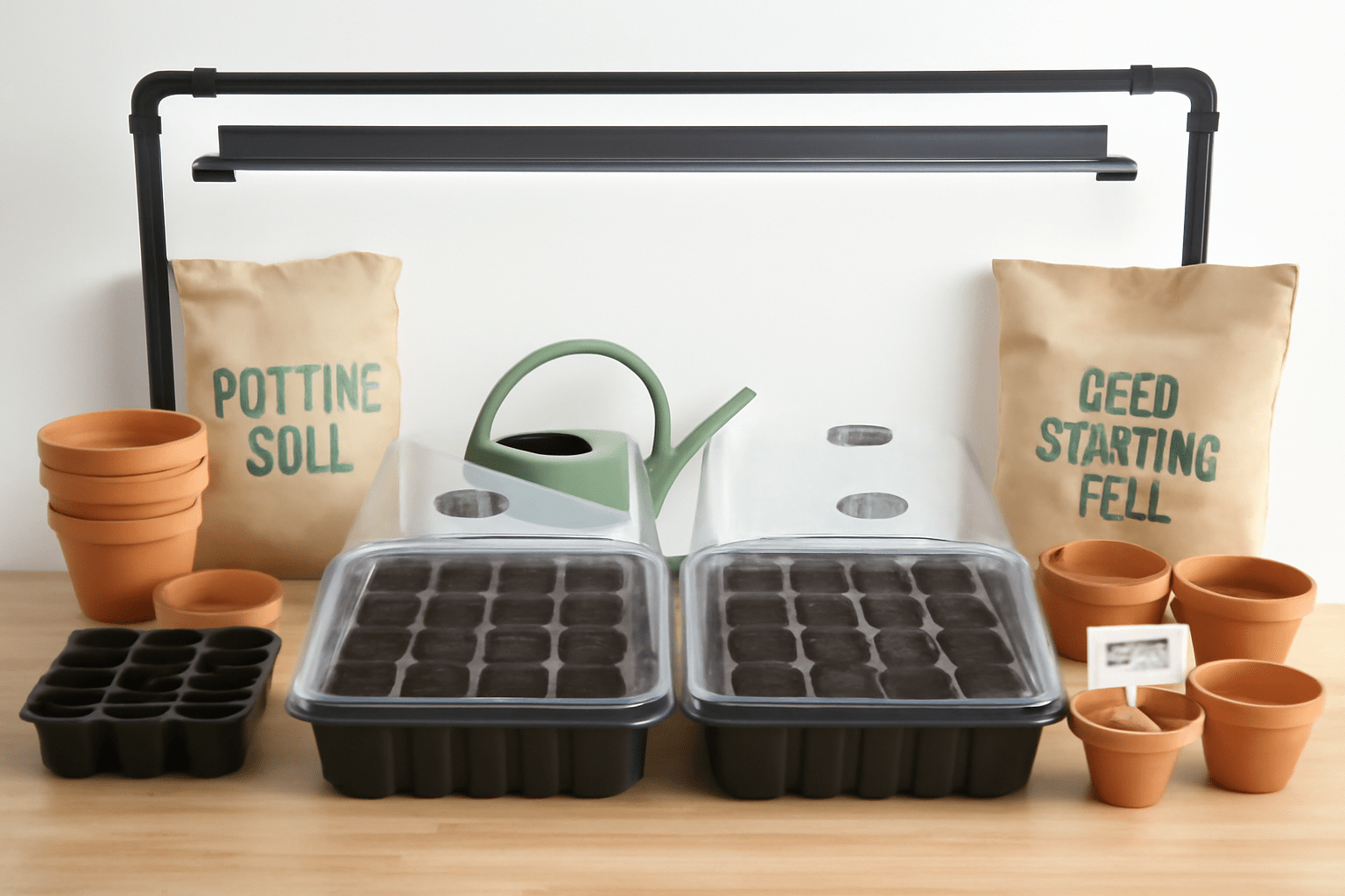 "Gardening supplies for planting white ash tree seeds: pots, soil, seed trays, watering can, and grow lights arranged on a table."