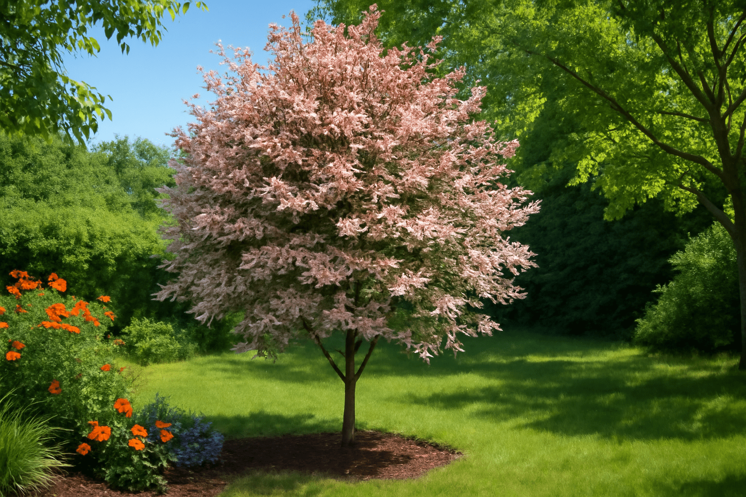 A vibrant pink flowering tree stands in a lush green yard, surrounded by colorful blooming flowers and dense foliage.