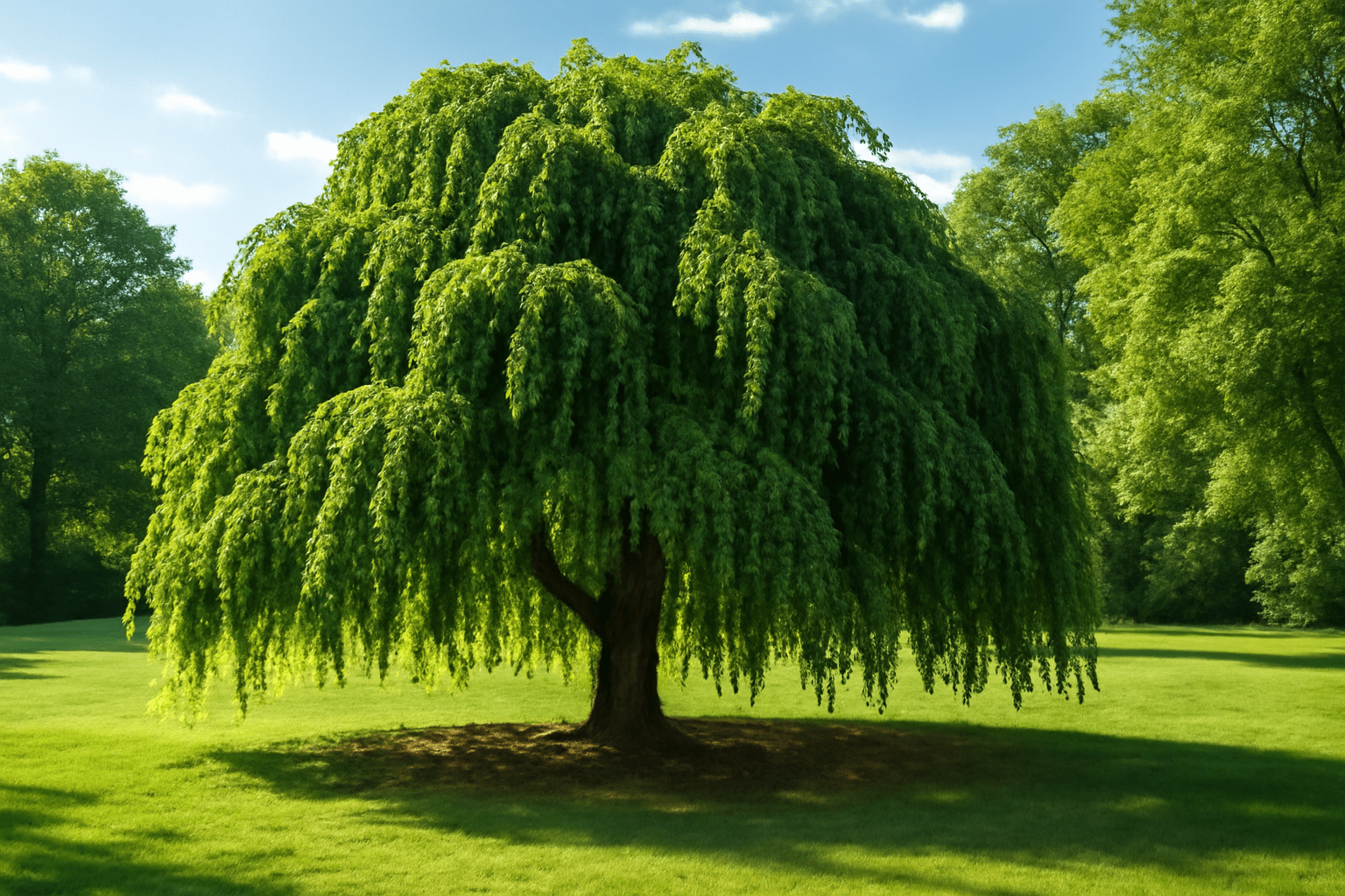 A large weeping willow tree in full summer bloom stands in a sunlit, lush green park. Its cascading branches create a serene, peaceful ambiance.