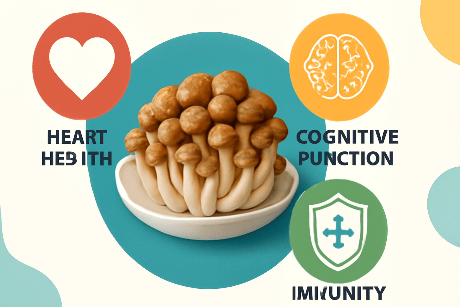 A bowl of mushrooms with three icons: a heart, brain, and shield. Text reads "Heart Health," "Cognitive Function," and "Immunity," highlighting benefits.