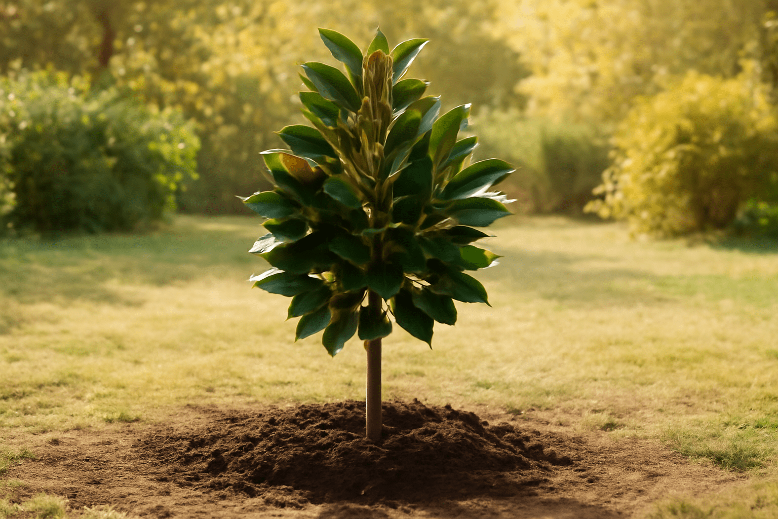 "Teddy Bear Magnolia Tree planted in full sunlight in a well-draining garden with healthy soil."