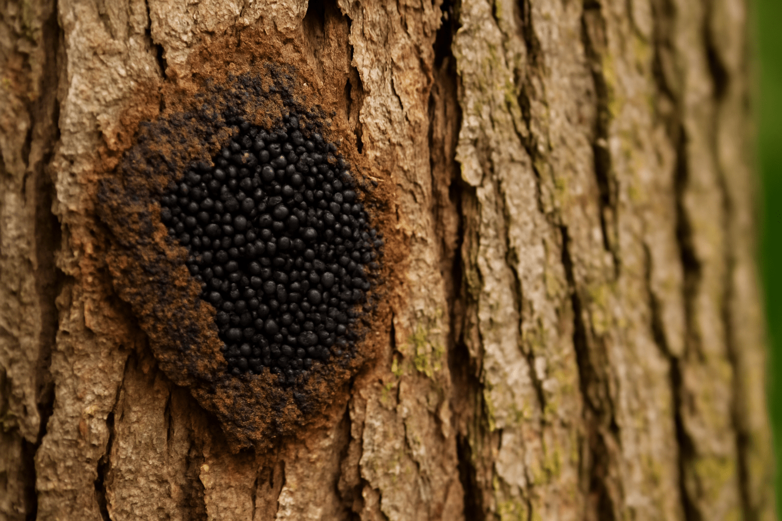 A small black spot on the rough surface of a tree trunk, indicating possible decay or fungal growth.