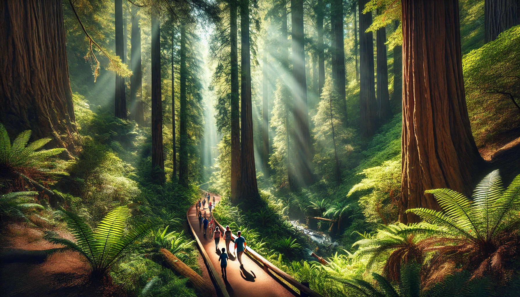 A winding path through a vibrant green forest with towering redwoods, sunlight streaming through the trees, and people walking leisurely.