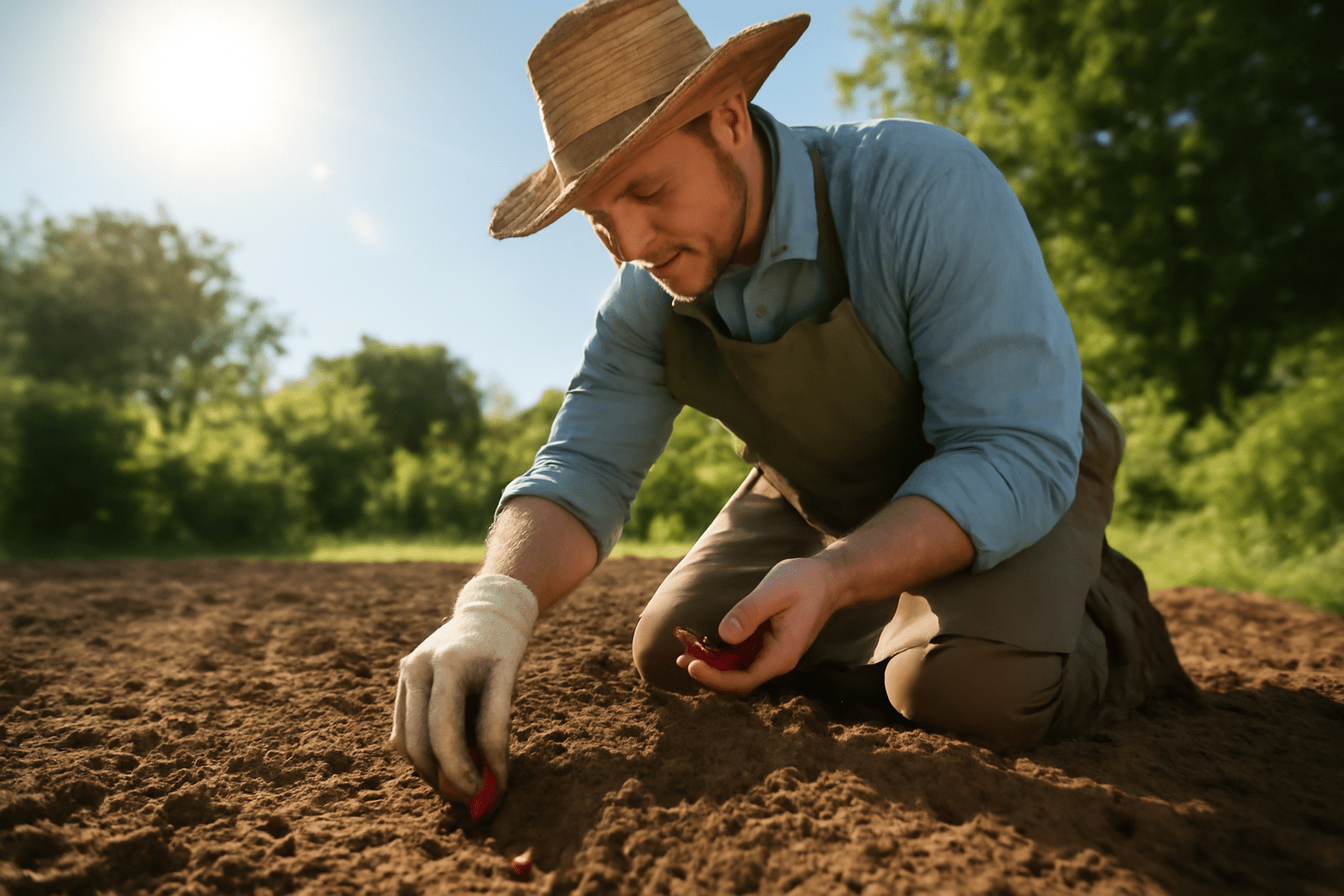 "Gardener planting magnolia tree seeds in sunny garden soil"