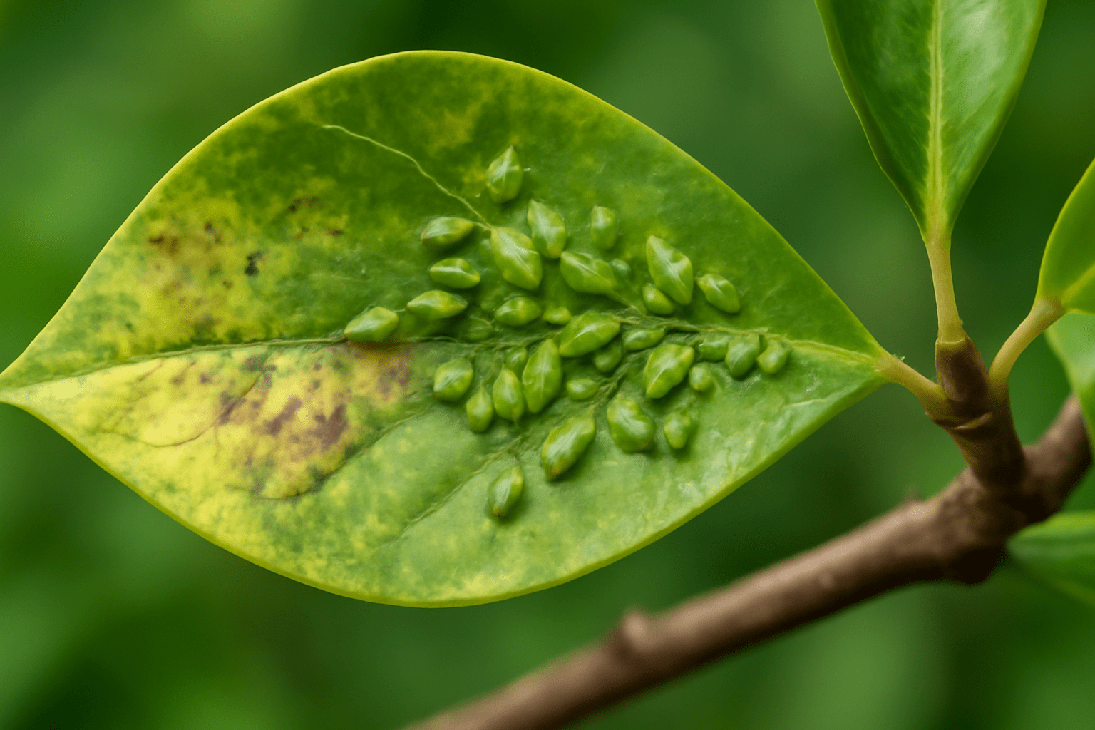 "Close-up view of aphids on magnolia tree leaves, causing damage."