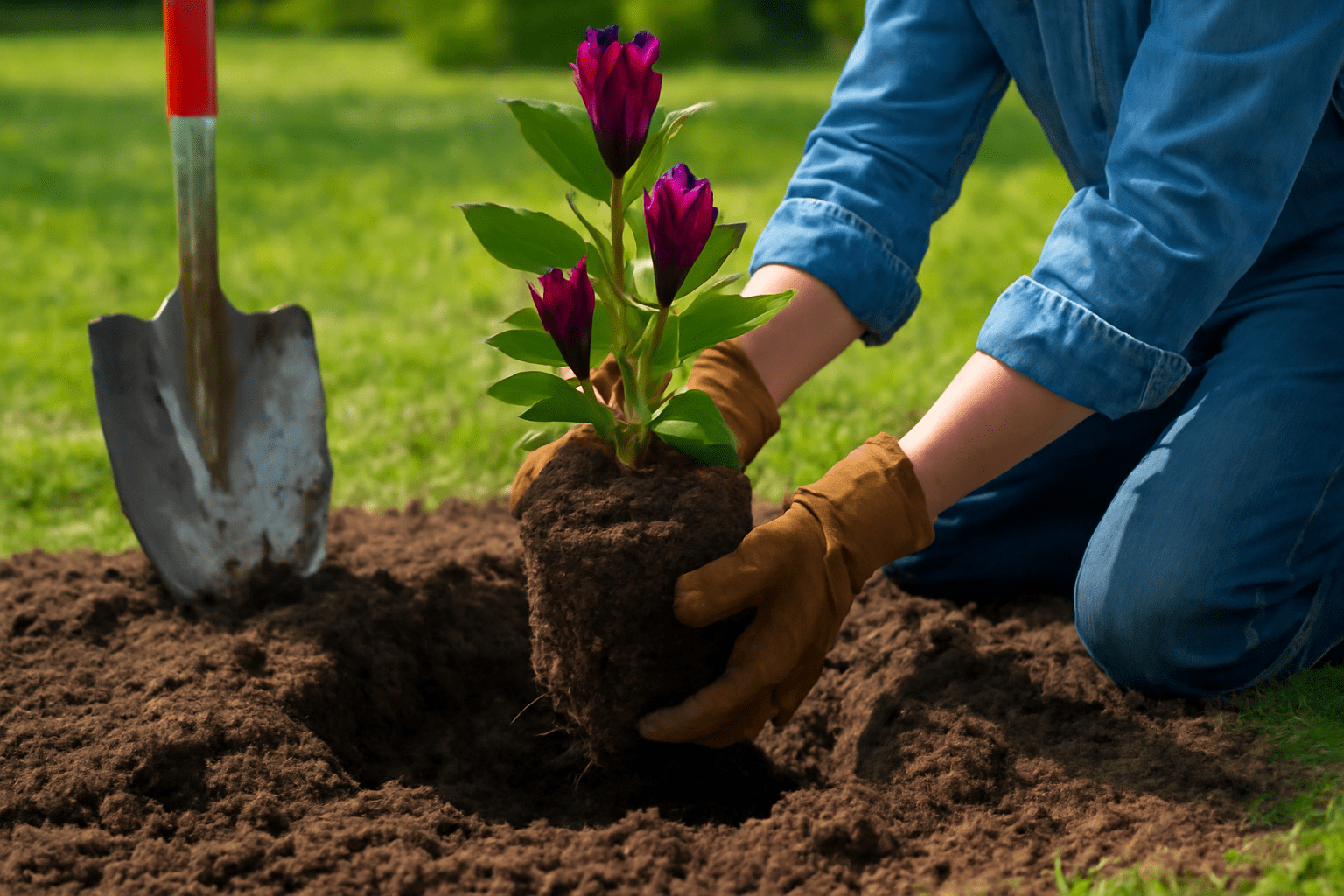 "Gardener planting a black tulip magnolia tree in well-drained soil, preparing the planting hole."