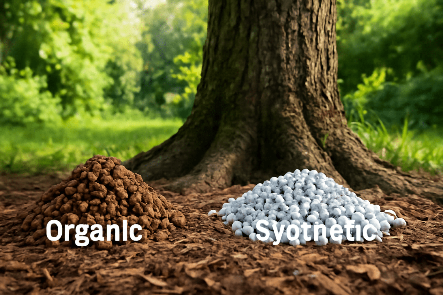 "Comparison of organic and synthetic fertilizers next to magnolia tree roots"
