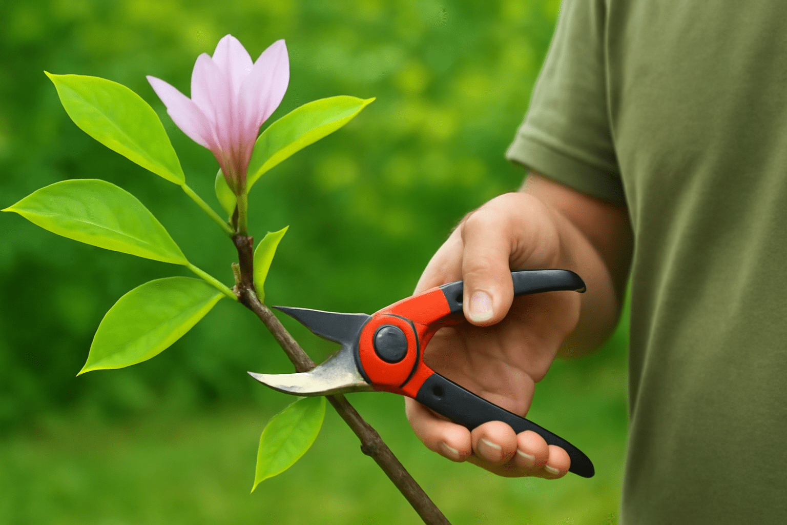 Person using pruning shears to make a clean cut on a magnolia tree branch for healthy regrowth.