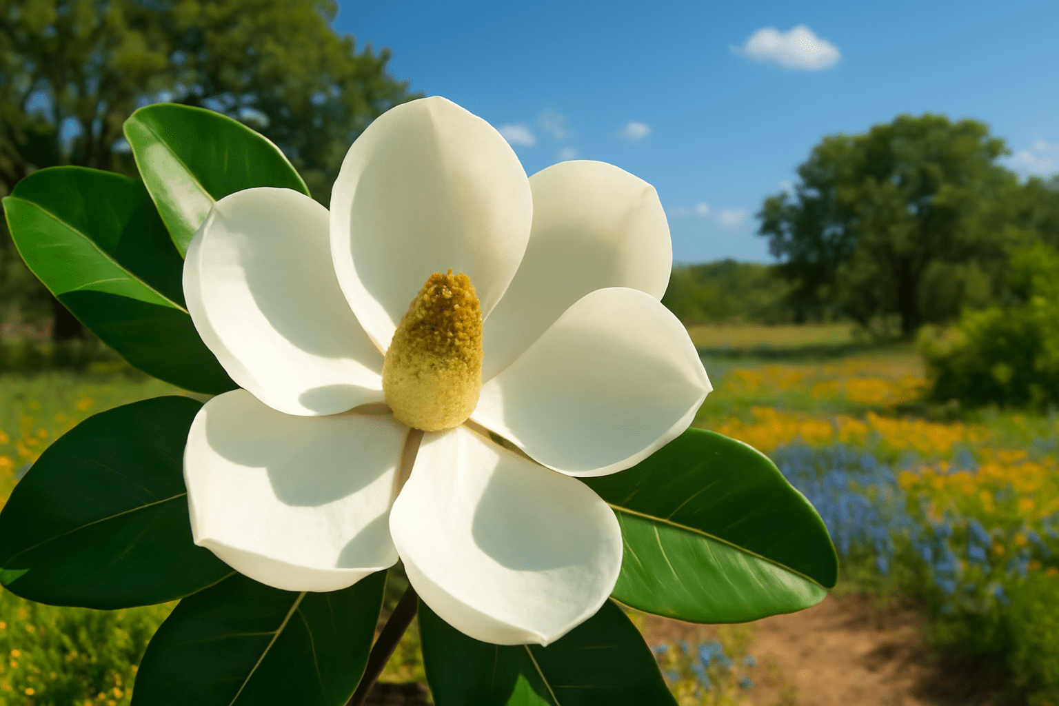 "Close-up of Southern Magnolia flower with large white petals, thriving in the Texas climate."