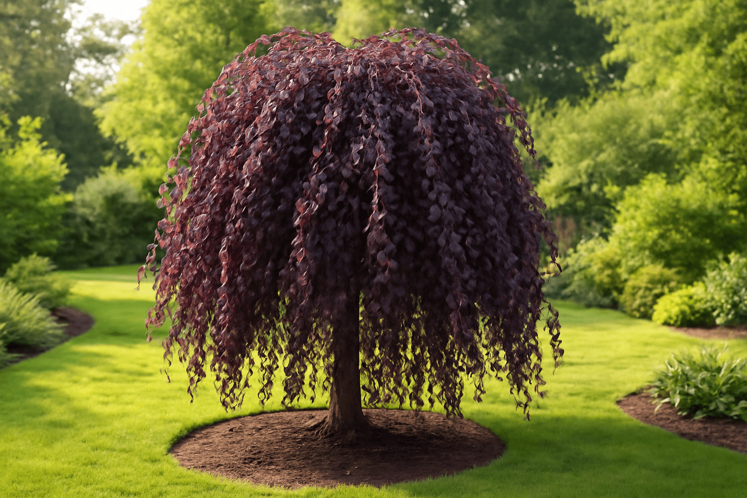 A weeping purple beech tree with cascading dark leaves stands in a landscaped garden. The lush green lawn and surrounding trees create a serene atmosphere.