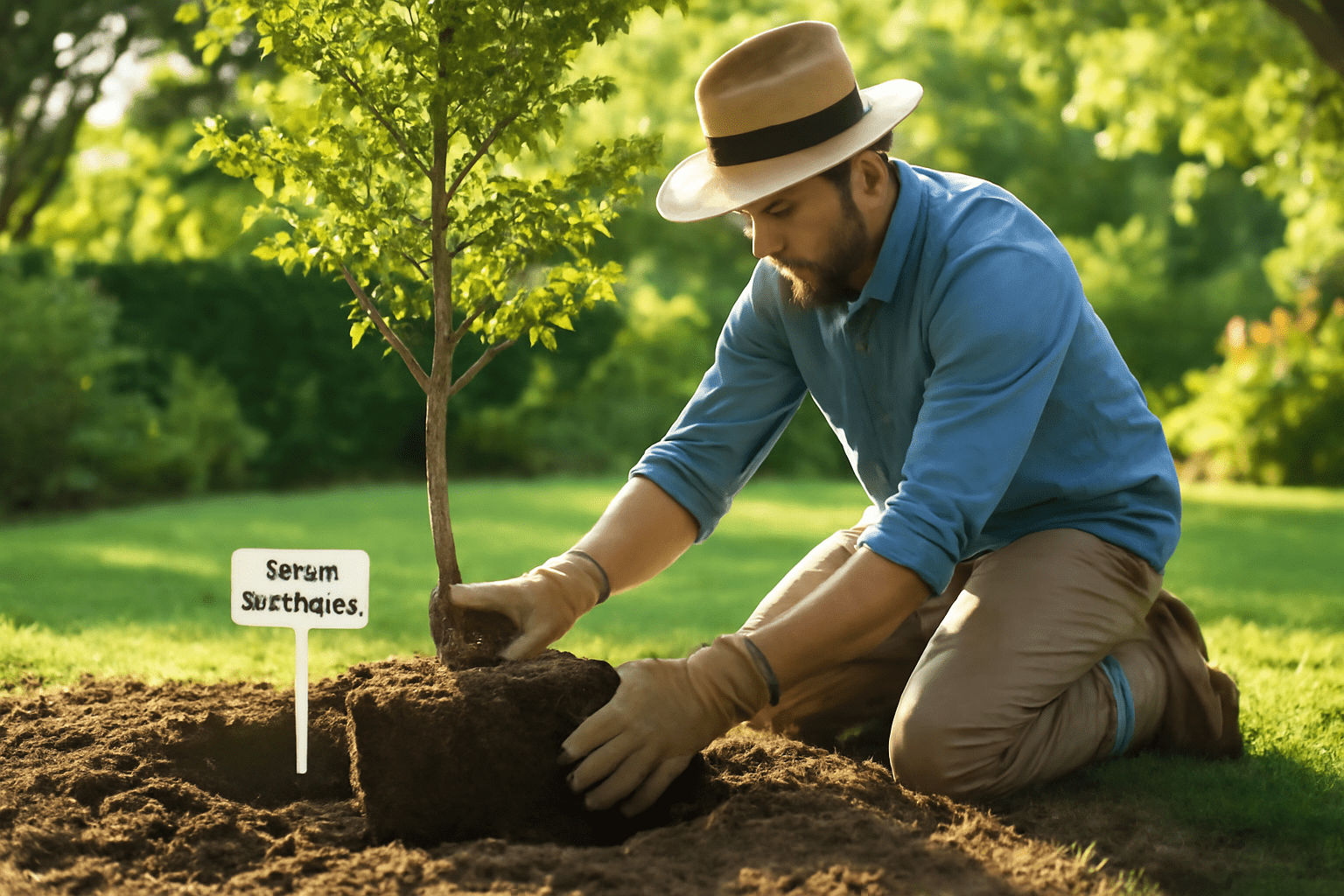 A man kneeling in a garden, planting a young tree into the soil with care and attention.