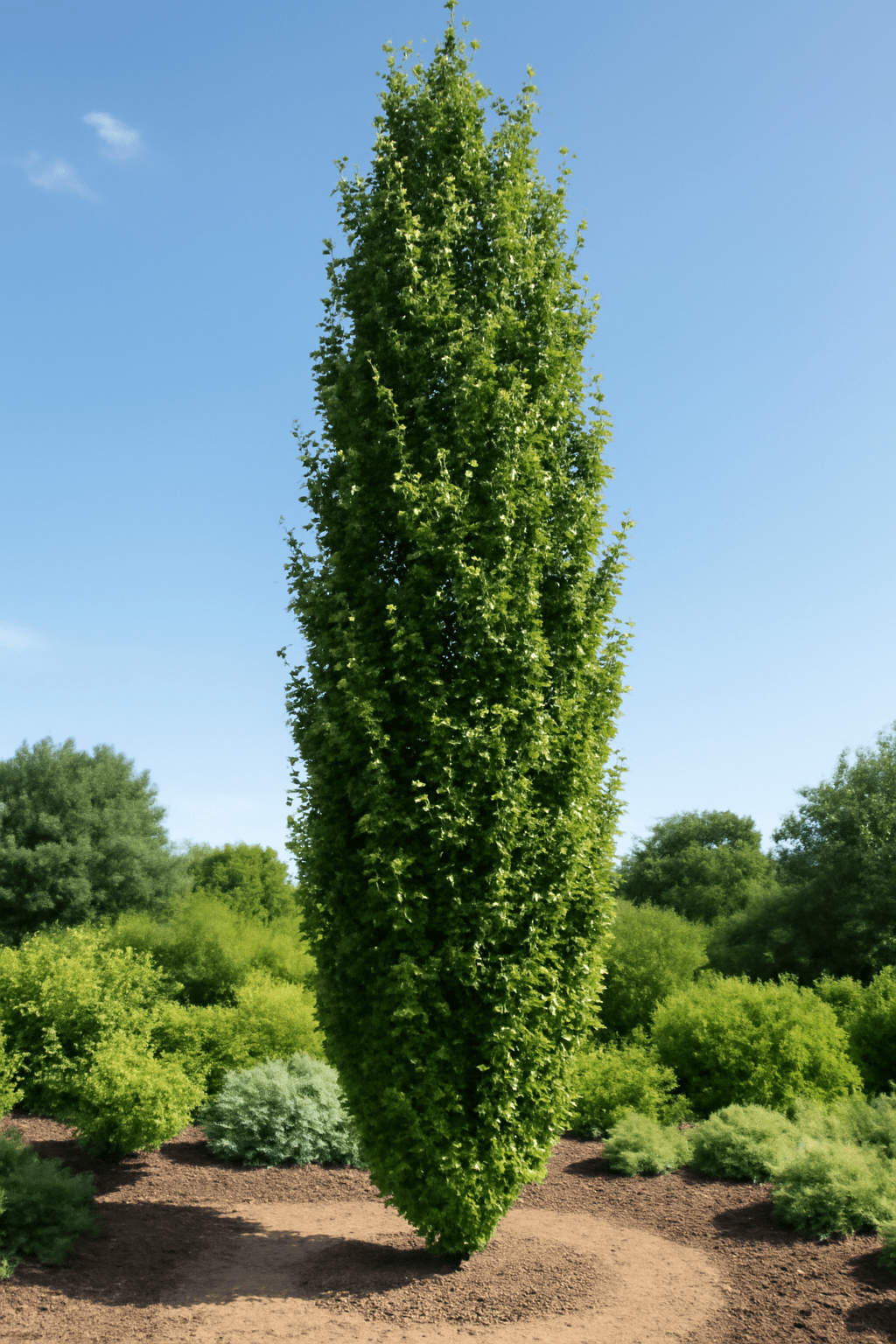 Tall, lush columnar tree with dense green foliage stands on mulch amidst a garden, surrounded by shrubs, under a clear blue sky. Calm and serene.