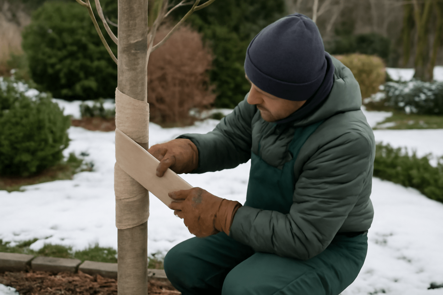 A person in warm clothes and gloves wraps a tree trunk in burlap in a snowy garden, suggesting careful winter preparation. The mood is focused.