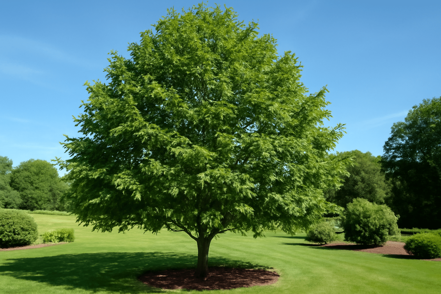 A tall, lush green tree stands alone in a well-manicured park under a clear blue sky. Surrounding bushes and grass create a serene, peaceful scene.