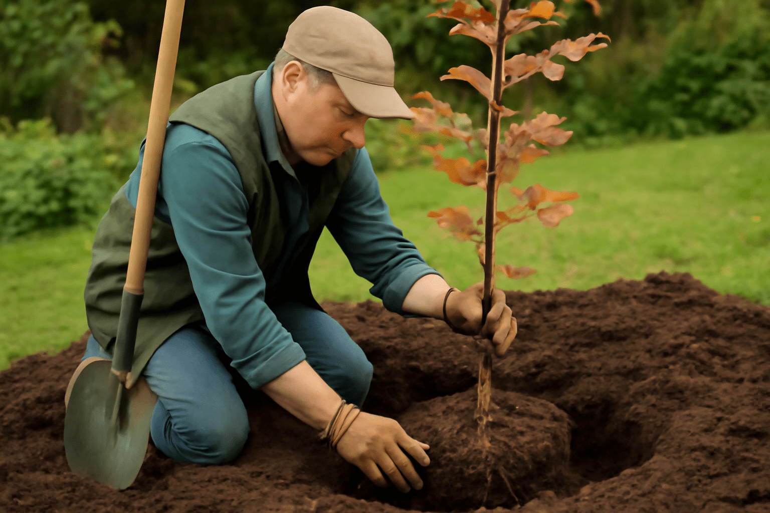 Man planting a young tree in soil, wearing gloves and a cap, with a shovel nearby. The scene conveys care and focus in a green garden setting.