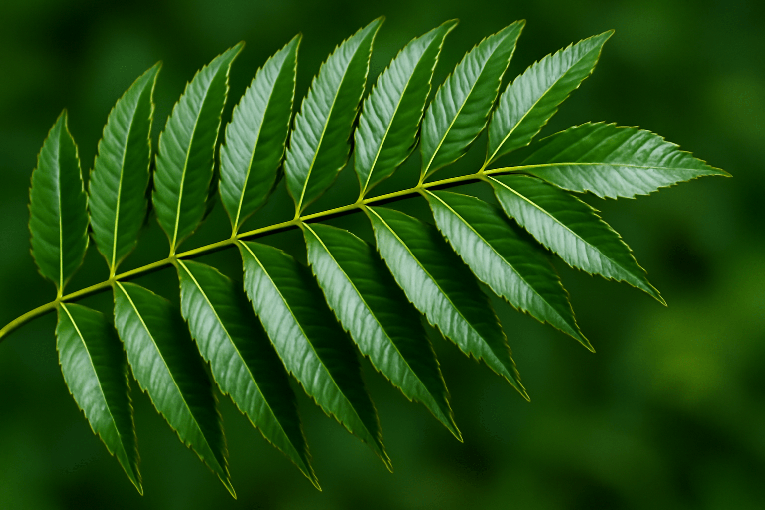 “Healthy pecan nut tree leaf showing glossy texture and symmetrical, vibrant green leaflets with no spots or discoloration.”