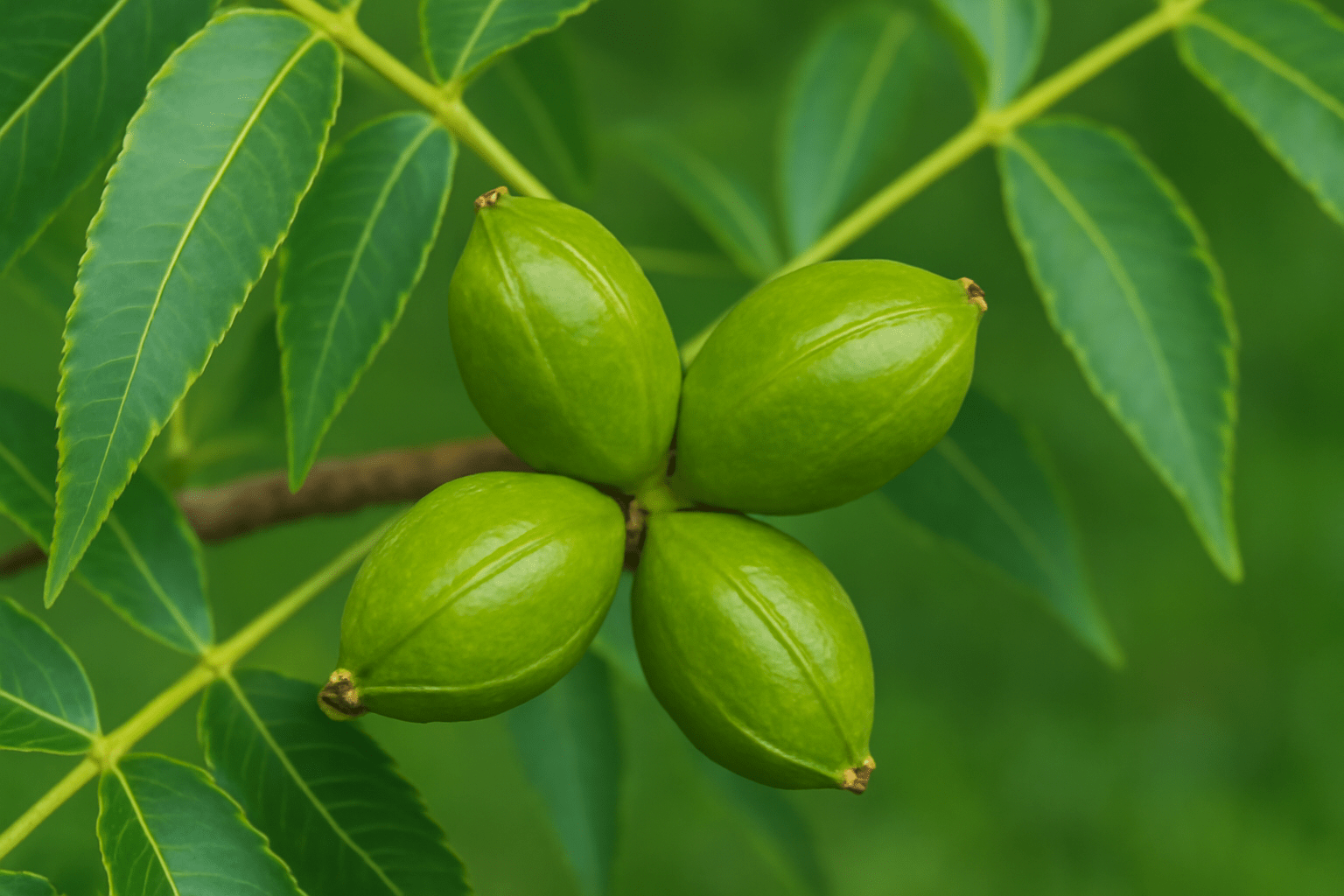 "Small green pecans developing on a pecan tree after successful pollination, showing the early stages of nut growth."