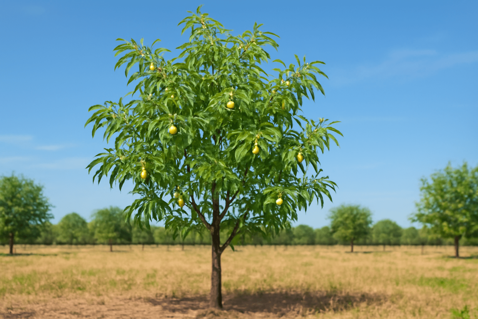 "Close-up of young pecan tree with developing nuts on branches."